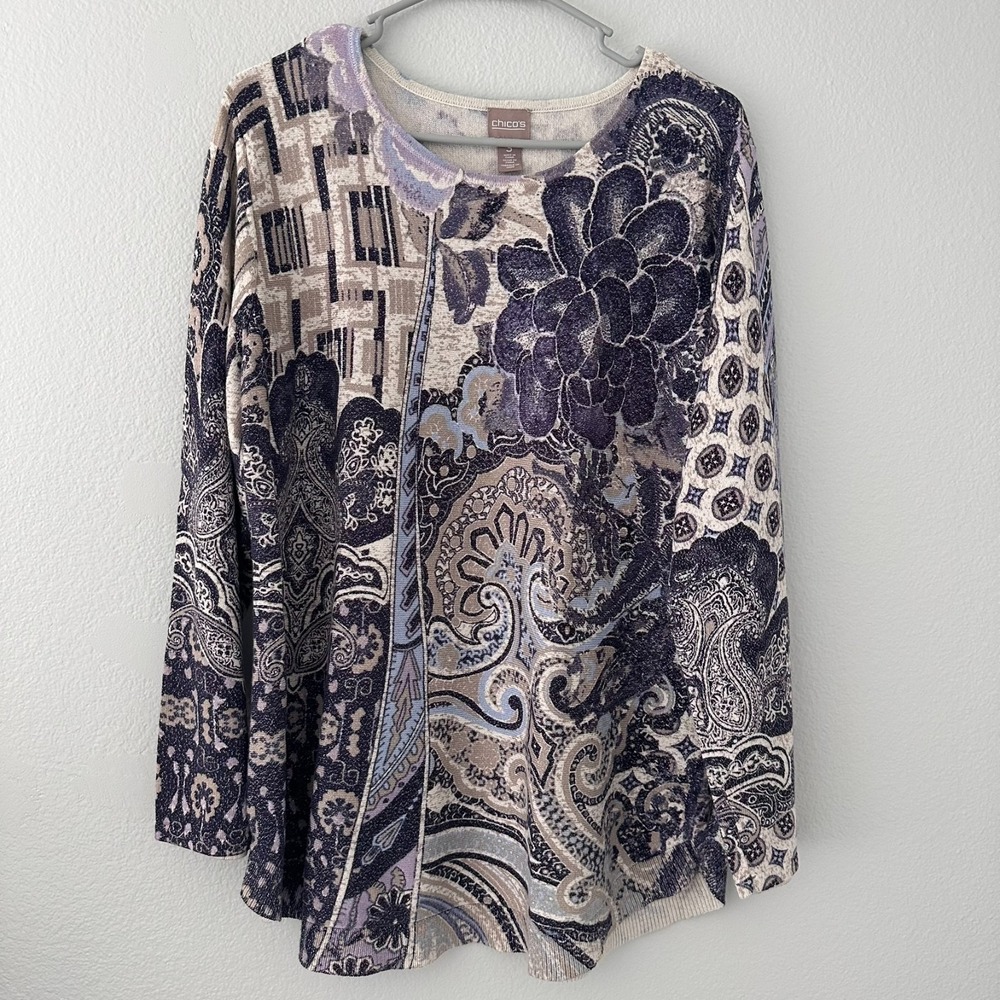 Chicos Size-3 Sweater Patchwork Paisley Jana Scoop Blue‎ Sparkle